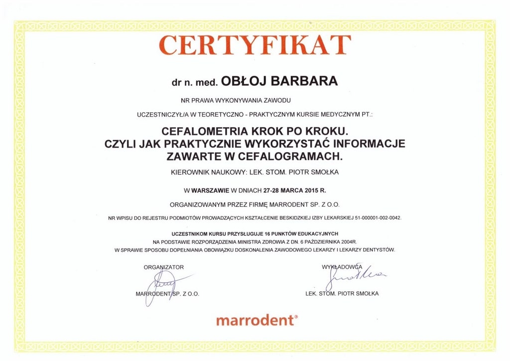 dr n. med. Barbara Obłoj certificate