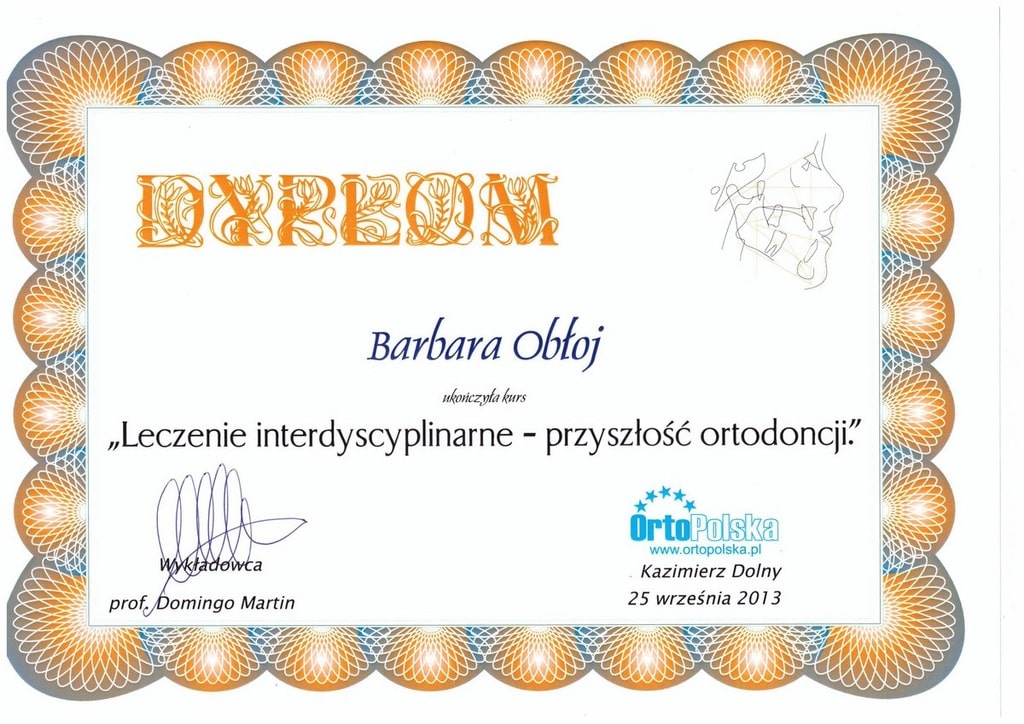 dr n. med. Barbara Obłoj certyfikat zaświadczenie