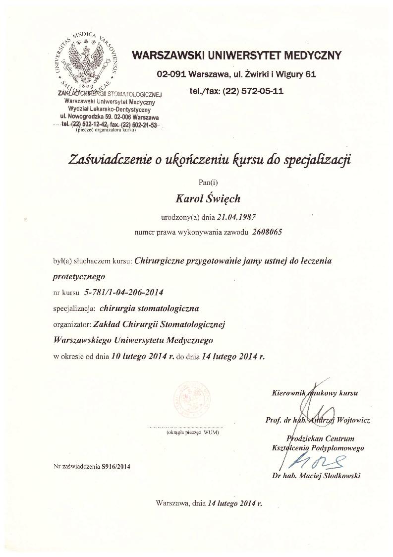diploma dentist dr. Karol Święch